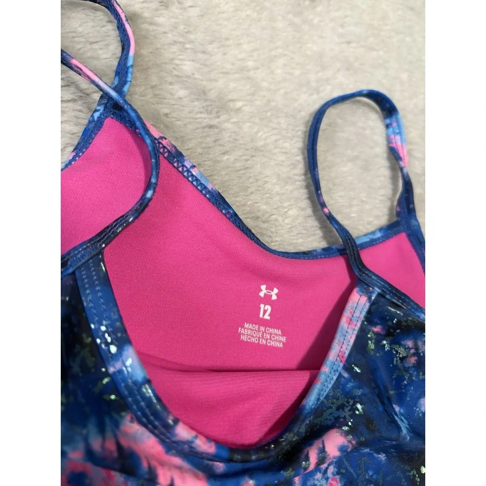 New Under‎ Armour Girls 12 Photon Blue Pink Swim Suit Top Only UPF 50 - Picture 4 of 9